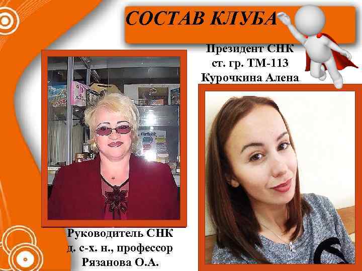 СОСТАВ КЛУБА Президент СНК ст. гр. ТМ-113 Курочкина Алена Руководитель СНК д. с-х. н.