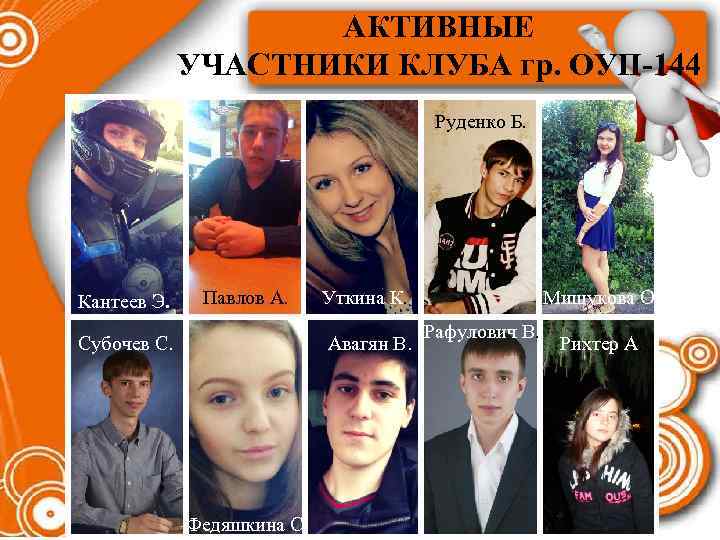 АКТИВНЫЕ УЧАСТНИКИ КЛУБА гр. ОУП-144 Руденко Б. Кантеев Э. Павлов А. Субочев С. Уткина