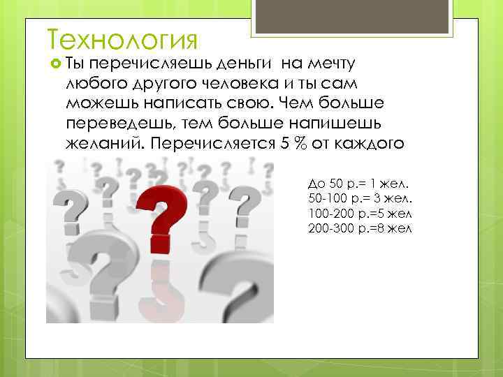 Технология Ты перечисляешь деньги на мечту любого другого человека и ты сам можешь написать