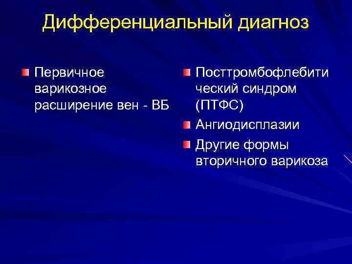 Дифференциальный диагноз Первичное варикозное расширение вен - ВБ Посттромбофлебити ческий синдром (ПТФС) Ангиодисплазии Другие