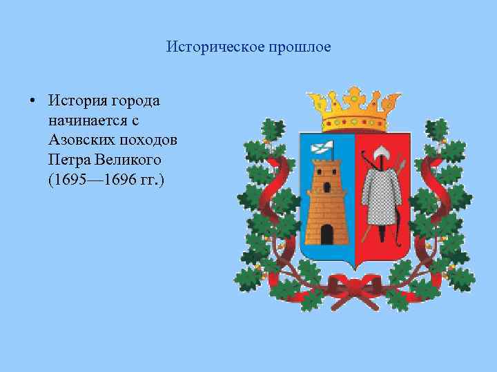 Историческое прошлое • История города начинается с Азовских походов Петра Великого (1695— 1696 гг.