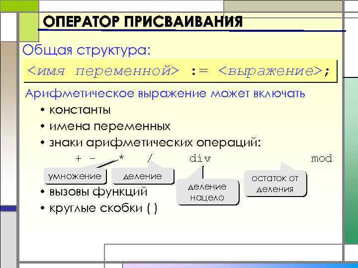 Общая структура: <имя переменной> : = <выражение>; Арифметическое выражение может включать • константы •