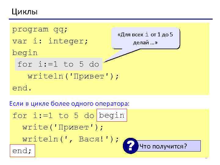 Циклы program qq; «Для всех i от 1 до 5 var i: integer; делай