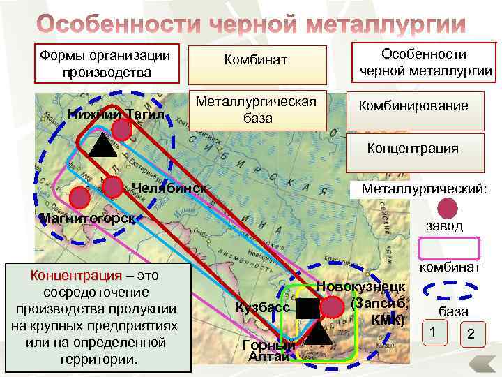Формы организации производства Нижний Тагил Особенности черной металлургии Комбинат Металлургическая база Комбинирование Концентрация Челябинск
