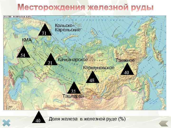 Кольско. Карельские 31 КМА 54 21 Качканарское Таежное Коршуновское 40 48 35 Таштагол 40