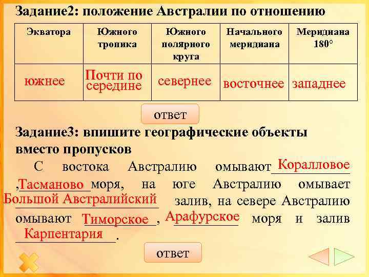 Задание 2: положение Австралии по отношению Экватора южнее Южного тропика Почти по середине Южного