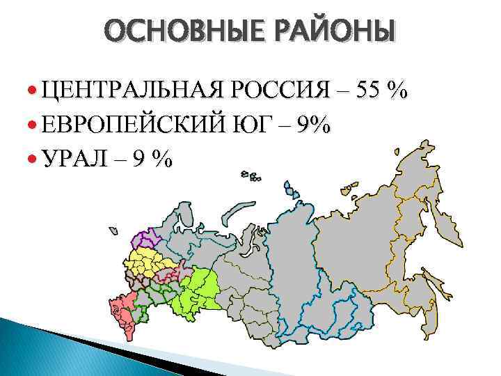 ОСНОВНЫЕ РАЙОНЫ ЦЕНТРАЛЬНАЯ РОССИЯ – 55 % ЕВРОПЕЙСКИЙ ЮГ – 9% УРАЛ – 9