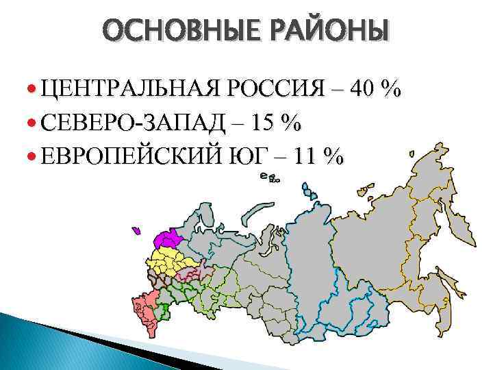 ОСНОВНЫЕ РАЙОНЫ ЦЕНТРАЛЬНАЯ РОССИЯ – 40 % СЕВЕРО-ЗАПАД – 15 % ЕВРОПЕЙСКИЙ ЮГ –