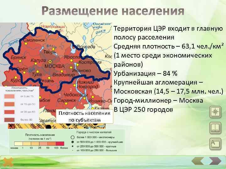 Территория ЦЭР входит в главную полосу расселения Средняя плотность – 63, 1 чел. /км²