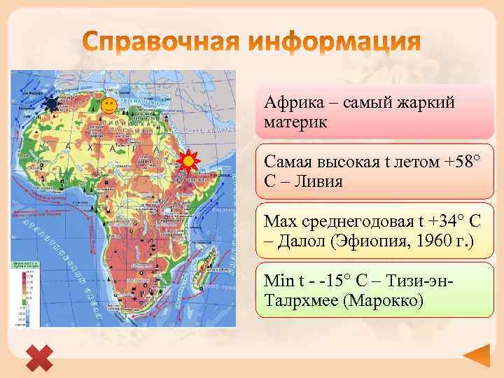 Африка – самый жаркий материк Самая высокая t летом +58° С – Ливия Max