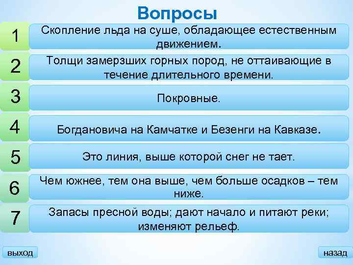 Вопросы 3 Скопление льда на суше, обладающее естественным движением. Толщи замерзших горных пород, не