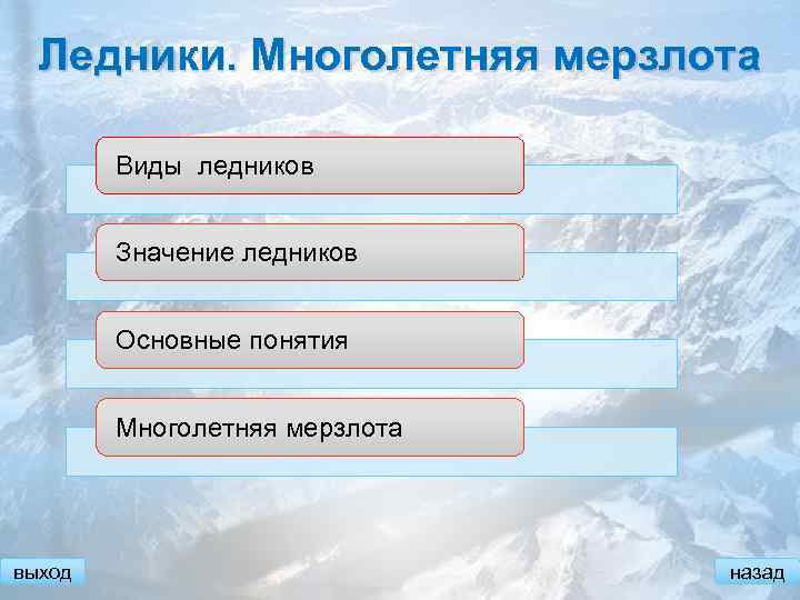 Ледники. Многолетняя мерзлота Виды ледников Значение ледников Основные понятия Многолетняя мерзлота выход назад 