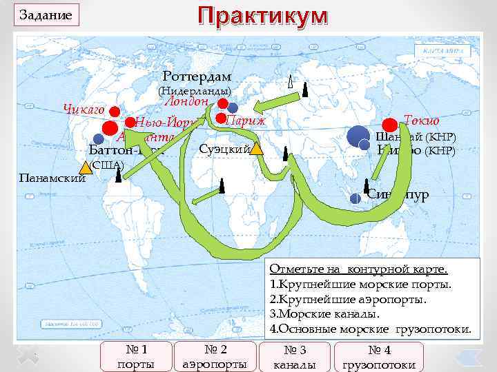 Практикум Задание Роттердам (Нидерланды) Лондон Чикаго Париж Нью-Йорк Атланта Суэцкий Баттон-Руж Панамский Токио Шанхай