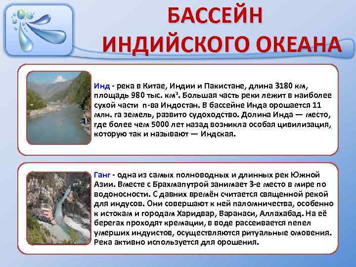 БАССЕЙН ИНДИЙСКОГО ОКЕАНА Инд - река в Китае, Индии и Пакистане, длина 3180 км,