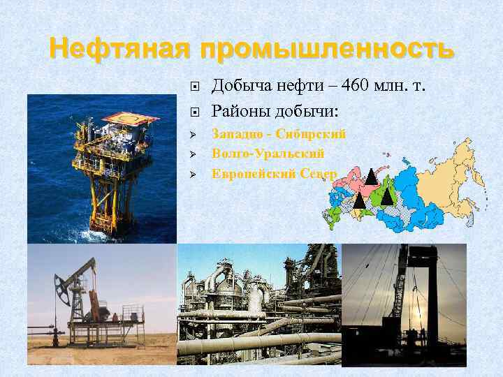 Нефтяная промышленность Ø Ø Ø Добыча нефти – 460 млн. т. Районы добычи: Западно