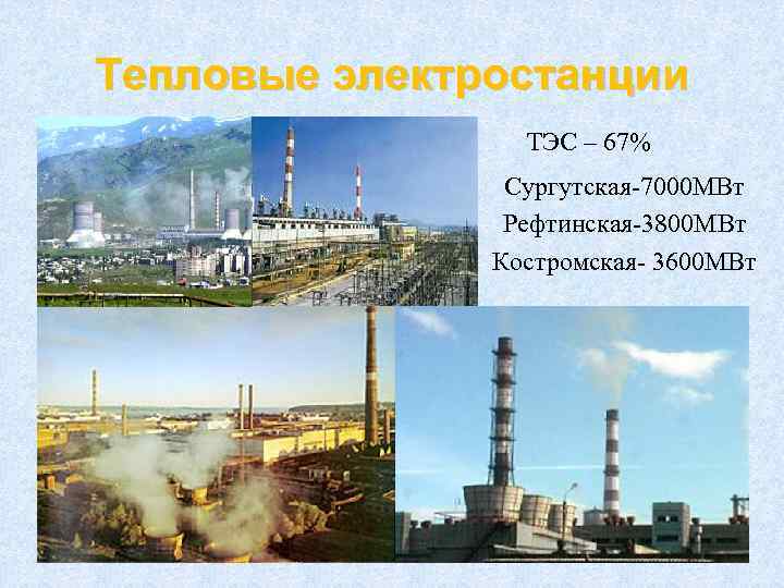 Тепловые электростанции ТЭС – 67% Сургутская-7000 МВт Рефтинская-3800 МВт Костромская- 3600 МВт 
