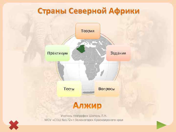 Страны Северной Африки Теория Практикум Тесты Задания Вопросы Учитель географии Шапель Л. Н. МОУ