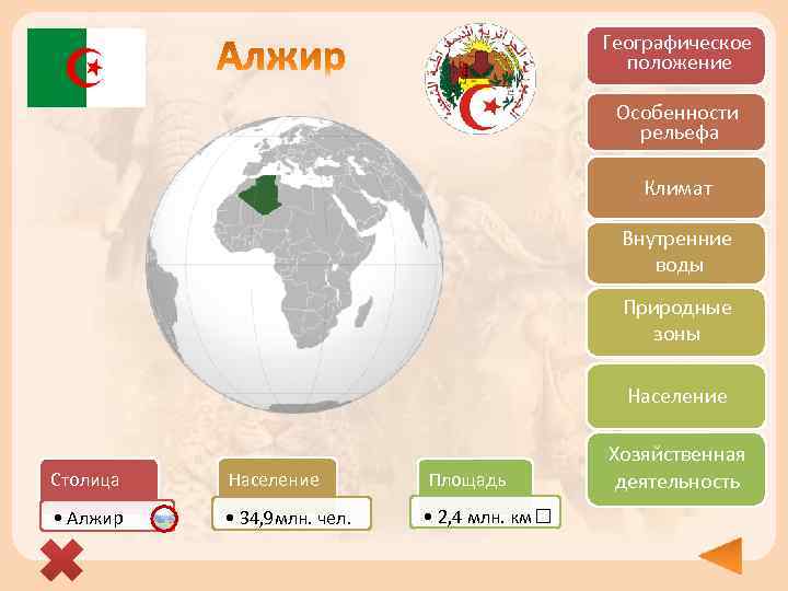 Географическое положение Особенности рельефа Климат Внутренние воды Природные зоны Население Столица Население Площадь •