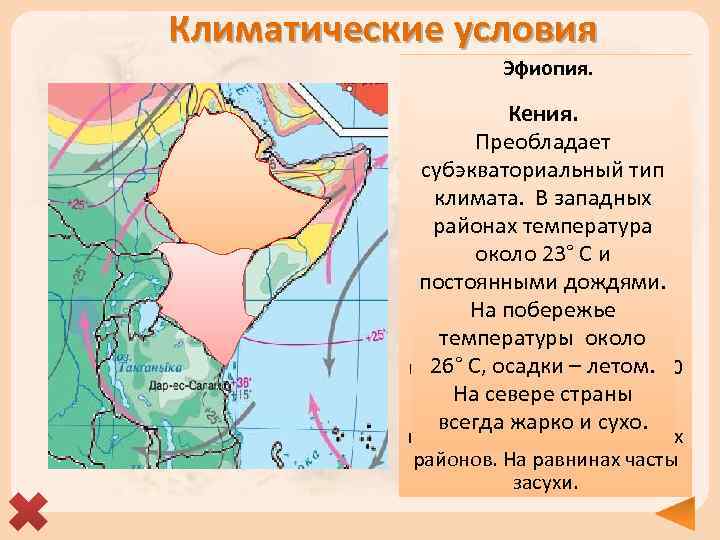 Климатические условия Эфиопия. В основном Кения. субэкваториальный. На северо-востоке — Преобладает тропический пустынный и