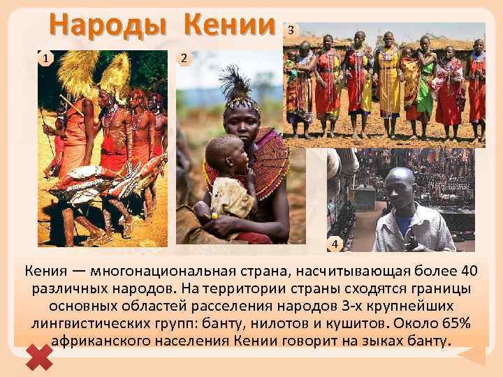 Народы Кении 1 3 2 4 Кения — многонациональная страна, насчитывающая более 40 различных