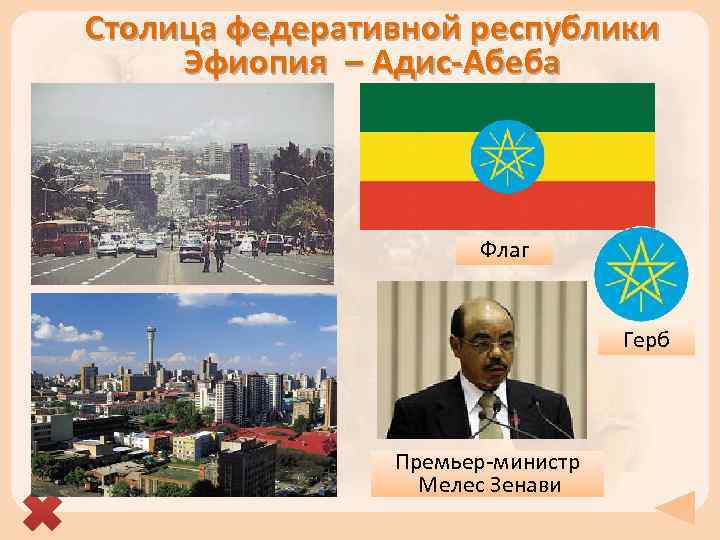 Столица федеративной республики Эфиопия – Адис-Абеба Флаг Герб Премьер-министр Мелес Зенави 