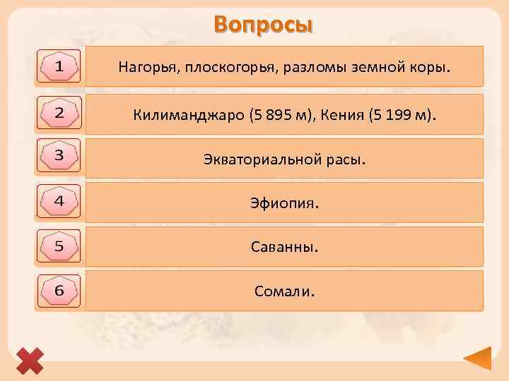 Вопросы Какие формы рельефа преобладают в странах Нагорья, плоскогорья, разломы земной коры. Восточной Африки?
