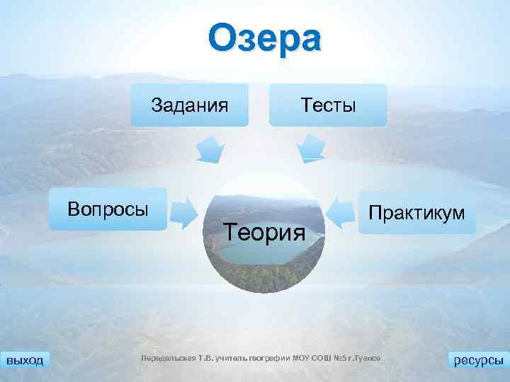 Озера Задания Вопросы выход Тесты Теория Практикум Передельская Т. В. учитель географии МОУ СОШ