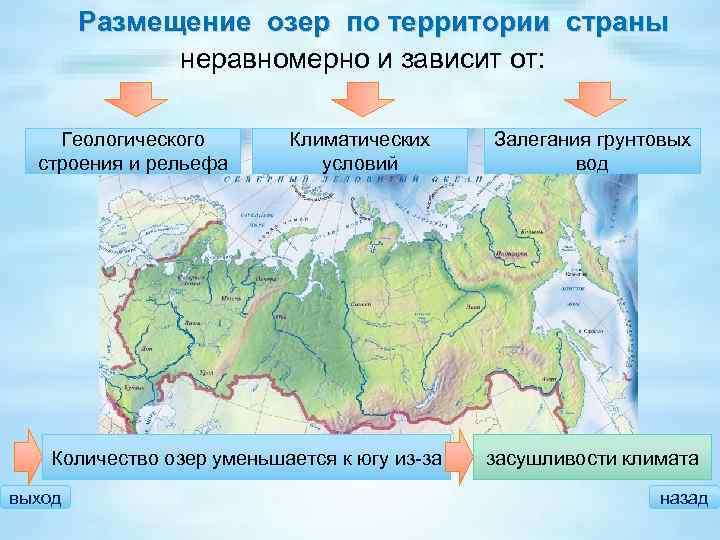 Размещение озер по территории страны неравномерно и зависит от: Геологического строения и рельефа Климатических