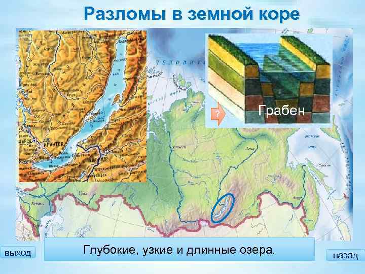 Разломы в земной коре ? выход Грабен Глубокие, узкие и длинные озера. назад 