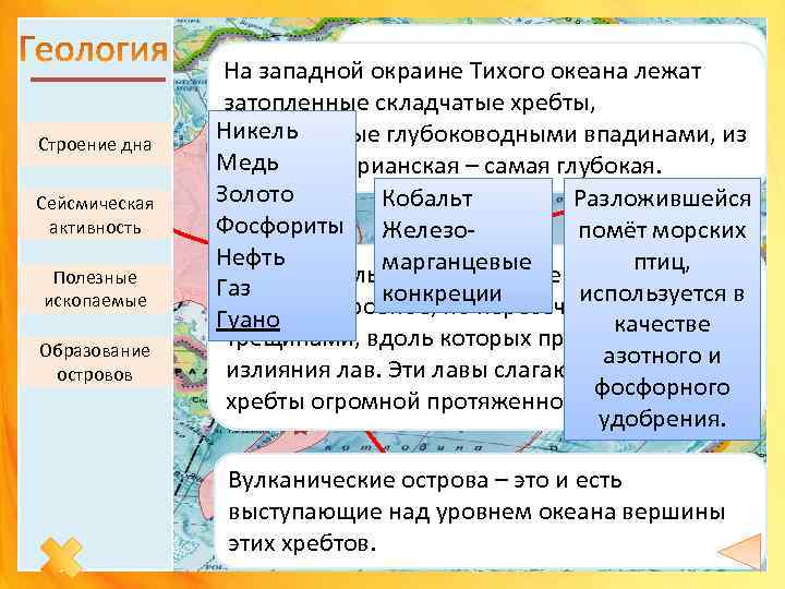 Строение дна Сейсмическая активность Полезные ископаемые Образование островов Области новой складчатости На западной окраине