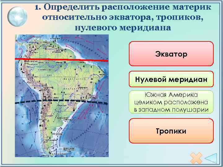 1. Определить расположение материк относительно экватора, тропиков, нулевого меридиана Экватор Нулевой меридиан Южная Америка