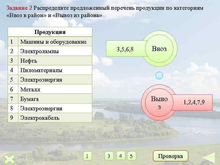 Задание 2 Распределите предложенный перечень продукции по категориям «Ввоз в район» и «Вывоз из