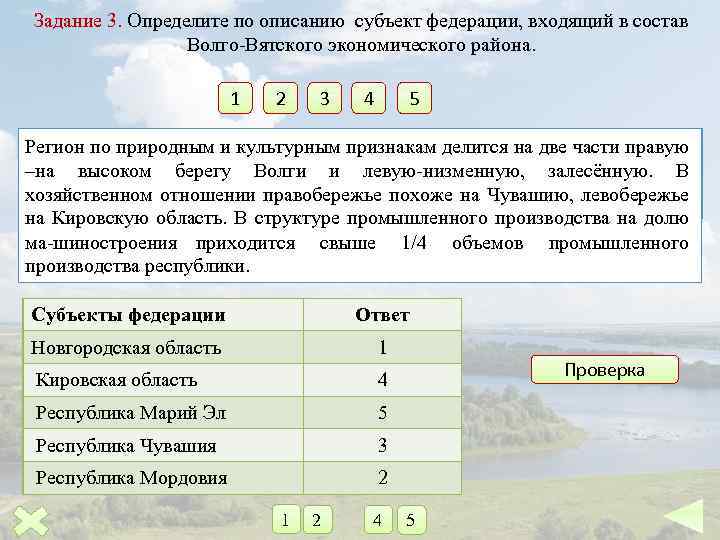 Задание 3. Определите по описанию субъект федерации, входящий в состав Волго Вятского экономического района.