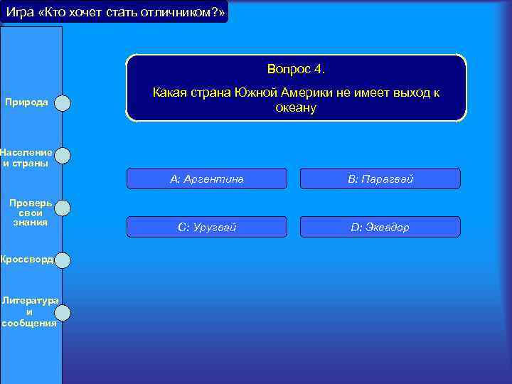 Игра «Кто хочет стать отличником? » Вопрос 4. Природа Население и страны Какая страна