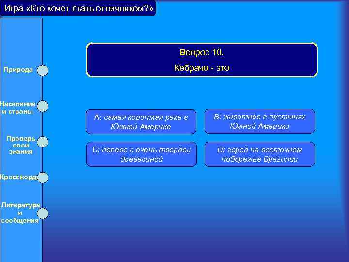 Игра «Кто хочет стать отличником? » Вопрос 10. Природа Население и страны Проверь свои