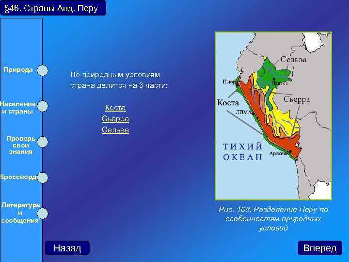 § 46. Страны Анд. Перу Природа Население и страны Проверь свои знания Кроссворд По