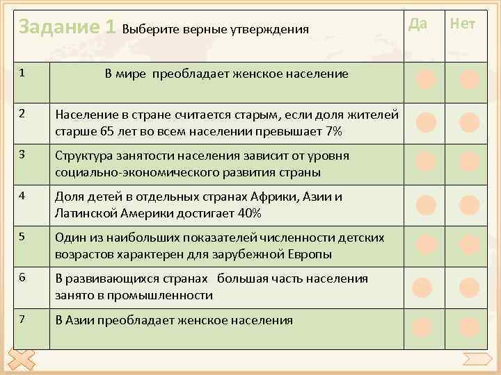 Задание 1 Выберите верные утверждения 1 В мире преобладает женское население 2 Население в