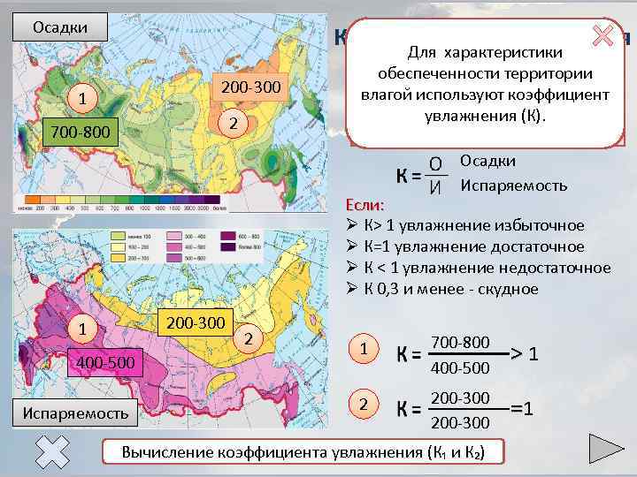 Осадки Коэффициент увлажнения Для характеристики 200 -300 1 2 700 -800 обеспеченности территории Коэффициент