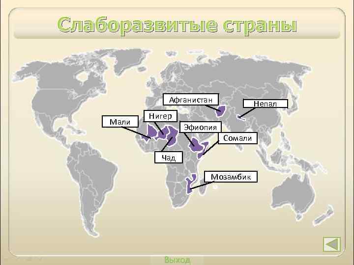 Слаборазвитые страны Афганистан Мали Непал Нигер Эфиопия Сомали Чад Мозамбик Выход 