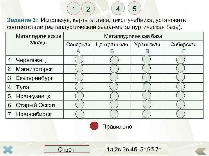 1 4 2 5 Задание 3: Используя, карты атласа, текст учебника, установить соответствие (металлургический