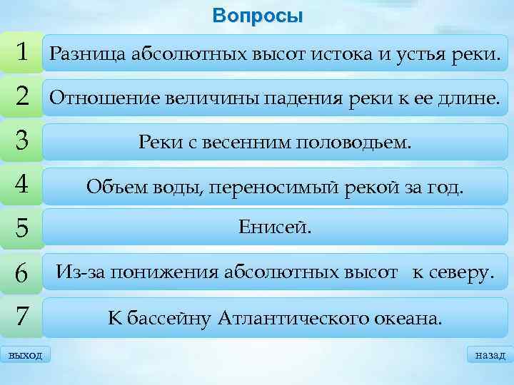 Вопросы 1 • Что называют падением реки? Разница абсолютных высот истока и устья реки.