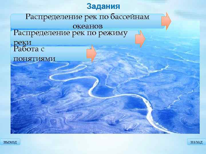 Задания Распределение рек по бассейнам океанов Распределение рек по режиму реки Работа с понятиями