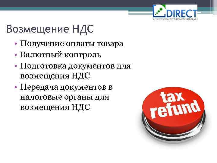 Возмещение НДС • Получение оплаты товара • Валютный контроль • Подготовка документов для возмещения