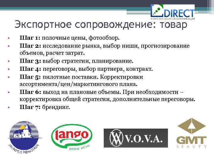 Экспортное сопровождение: товар • • Шаг 1: полочные цены, фотообзор. Шаг 2: исследование рынка,