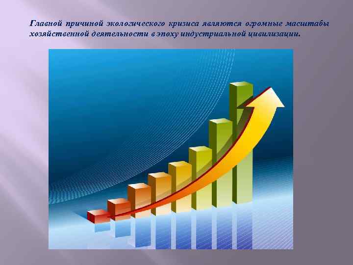 Главной причиной экологического кризиса являются огромные масштабы хозяйственной деятельности в эпоху индустриальной цивилизации. 