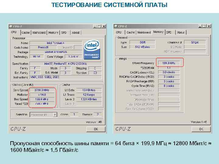 ТЕСТИРОВАНИЕ СИСТЕМНОЙ ПЛАТЫ Пропускная способность шины памяти = 64 бита × 199, 9 МГц
