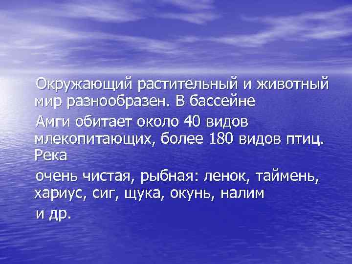 Окружающий растительный и животный мир разнообразен. В бассейне Амги обитает около 40 видов млекопитающих,
