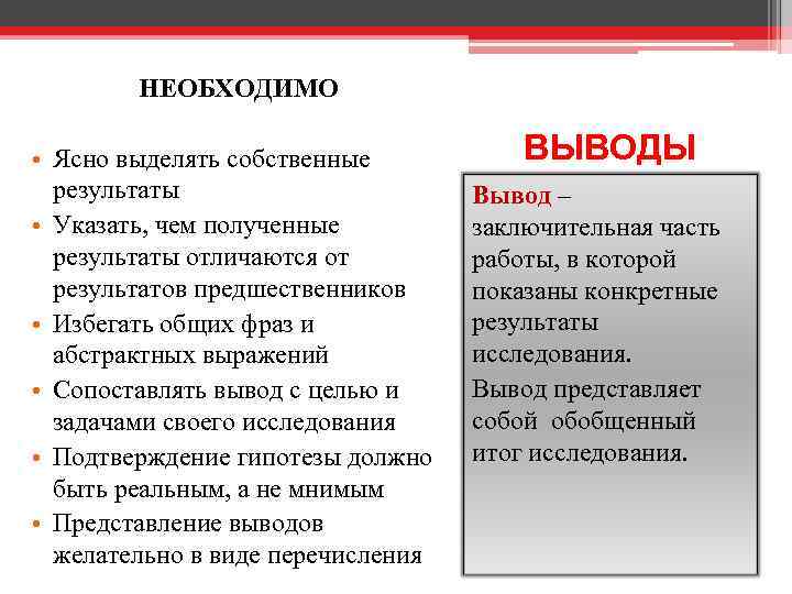 НЕОБХОДИМО • Ясно выделять собственные результаты • Указать, чем полученные результаты отличаются от результатов