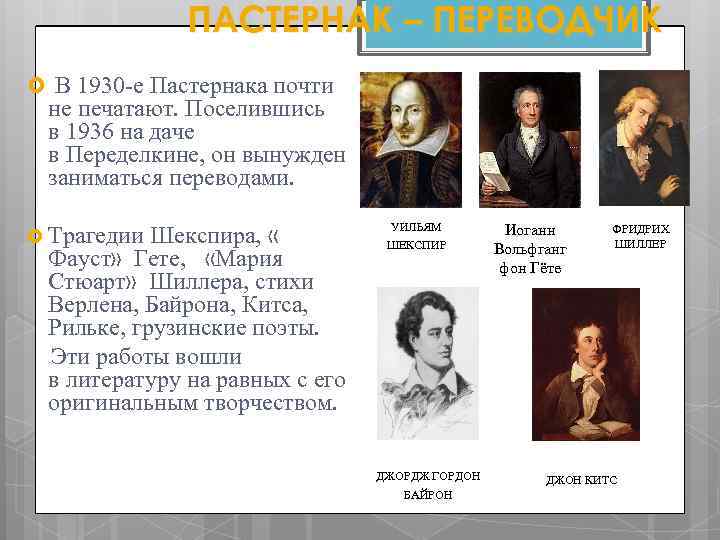 ПАСТЕРНАК – ПЕРЕВОДЧИК В 1930 -е Пастернака почти не печатают. Поселившись в 1936 на