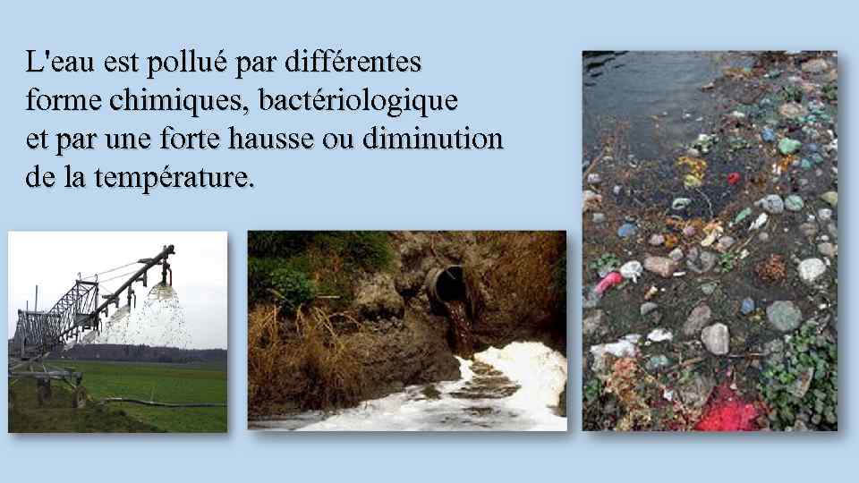 L'eau est pollué par différentes forme chimiques, bactériologique et par une forte hausse ou